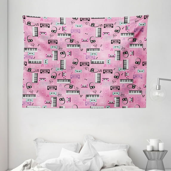 Pink Tapestry, "Listen to Music" Theme Vintage Cassettes Headphones Keyboards Funky Retro Illustration, Wall Hanging for Bedroom Living Room Dorm Decor, 80W X 60L Inches, Pink, by Ambesonne
