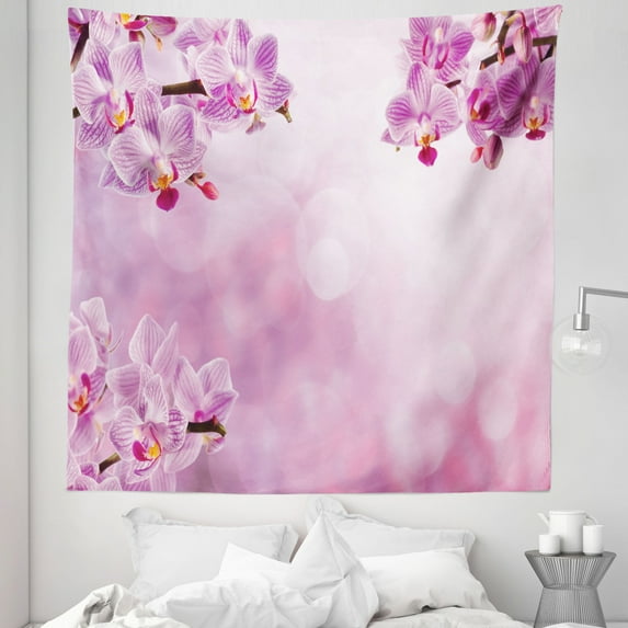 Pink Tapestry, Orchid Petals in Monochrome Design Bouquet Spring Bloom ling Growth Peaceful Nature Print, Fabric Wall Hanging Decor for Bedroom Living Room Dorm, 5 Sizes, Pink, by Ambesonne