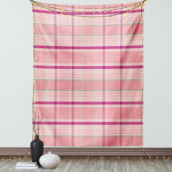 Pink Tapestry, Tartan Plaid Pattern with Squares in Magenta Pistachio Green Colors, Wall Hanging for Bedroom Living Room Dorm Decor, 60W X 80L Inches, Pale Pink and Multicolor, by Ambesonne