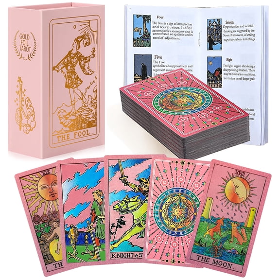 Pink Tarot Cards for Beginners,Gold Foil Tarot Deck with Meanings on Them, 78 Cards Thick Matte Tarot Cards Set with Guide Book & Pink Storage Box, Fortune Telling Divination Game Gift