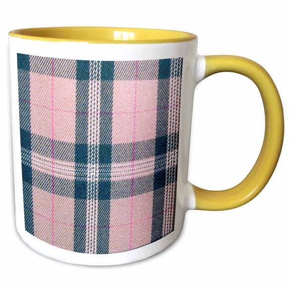 3drose, Pink Tartan Pattern - Girly Preppy Plaid Checked Peach Black - Fashionable Stylish Checkered Checks, 11oz Two-tone Yellow Mug