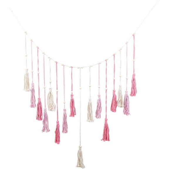 Pink Tassel Wall DecorWall Tapestry 55.7 x 29.5in Woven Bohemian Cotton Rope Handmade Wood Beads Wall Hanging Art Ornament for Home Living Room Bedroom Background Decoration