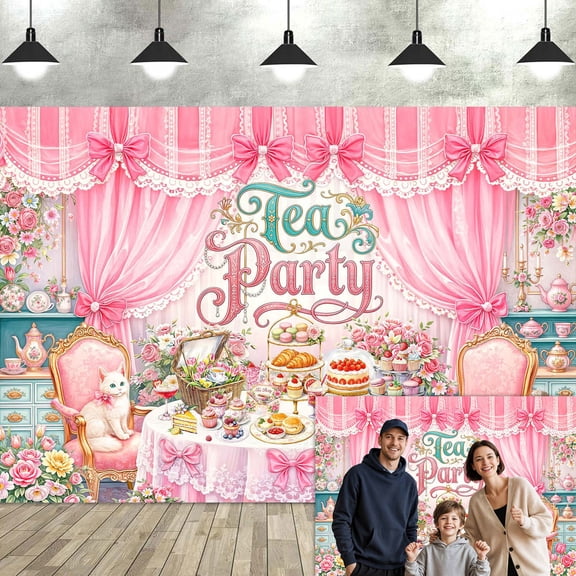 Pink Tea Party Photography Backdrop, Vintage Floral Princess Tea Time Background with Cat Roses Teapot for Girls Birthday Baby Shower Bridal Shower Let's Partea Photo Booth Studio Props, 5x3ft