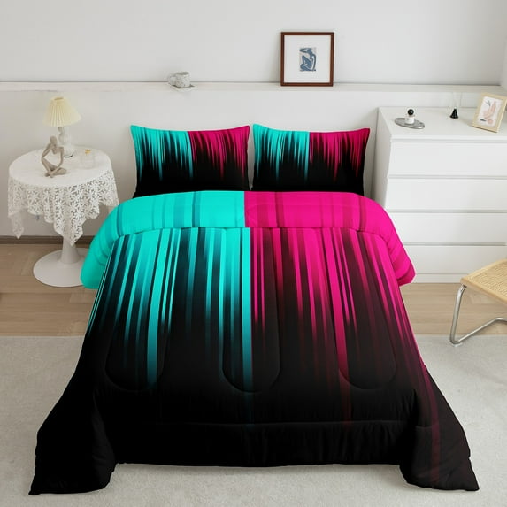 Pink Teal Black Comforter Set Stripes Lines Abstract Gradient Bedding Set King for Women ,Vintage Ombre Art Striped Geometry Down Comforter,Modern Stripe Geometric Quilt Simple Room Decor