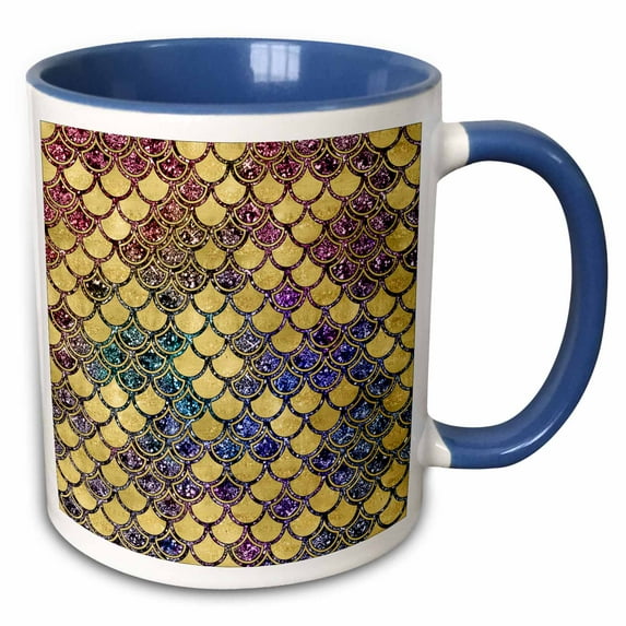 3drose, Pink, Teal, Blue Image of Gold and Image of Glitter Mermaid Scales, 11oz Two-tone Blue Mug