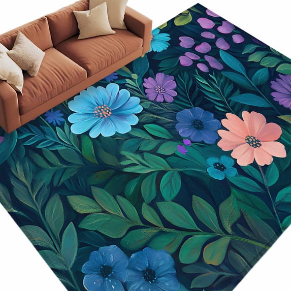 Pink Teal Floral Area Rug 8x10ft Spring Beautiful Flower Green Leaf Oil Painting Style Non-Slip Washable Square Rugs Soft Felt Indoor Floor Mat for Bedroom Kitchen Living Room Bathroom