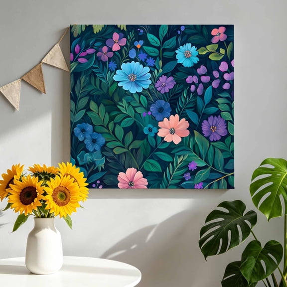 Pink Teal Floral Canvas Wall Art, Spring Beautiful Flower Green Leaf Oil Painting Style Pictures Wall Decor Wooden Framed Artwork Art Prints for Living Room Hallway Bedroom Office 8"x8"