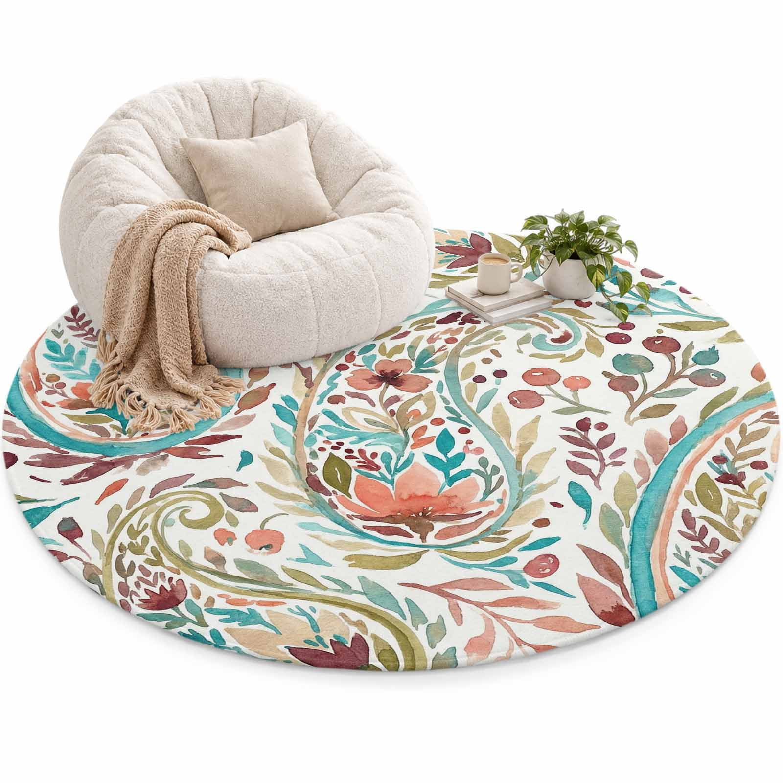 Pink Teal Flower Area Rug 3', Watercolor Abstract Paisley Bohemia ...