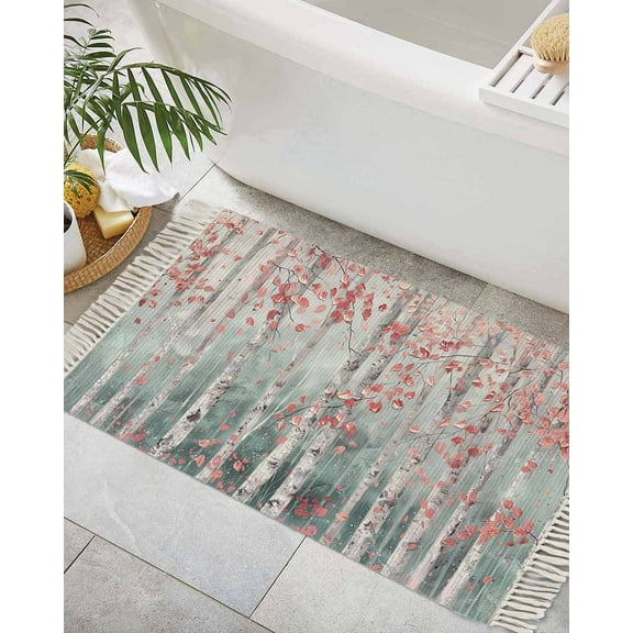 Pink Teal Forest Bath Rug 2x3ft Woven Bathroom Entryway Runner Rug,Modern Oil Painting Art Washable Living Room Hallway Bedroom Kitchen Carpet with Tassels,Non-Shedding Indoor Outdoor Throw Doormat