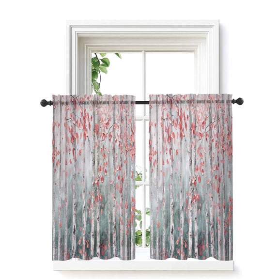 Pink Teal Forest Curtains 45 Inch Length, Sheer Curtains for Bedroom Living Room Window Modern Oil Painting Art Rod Pocket Voile Drapes Kitchen Curtains Small Half Window 42"x45" 2 Panels