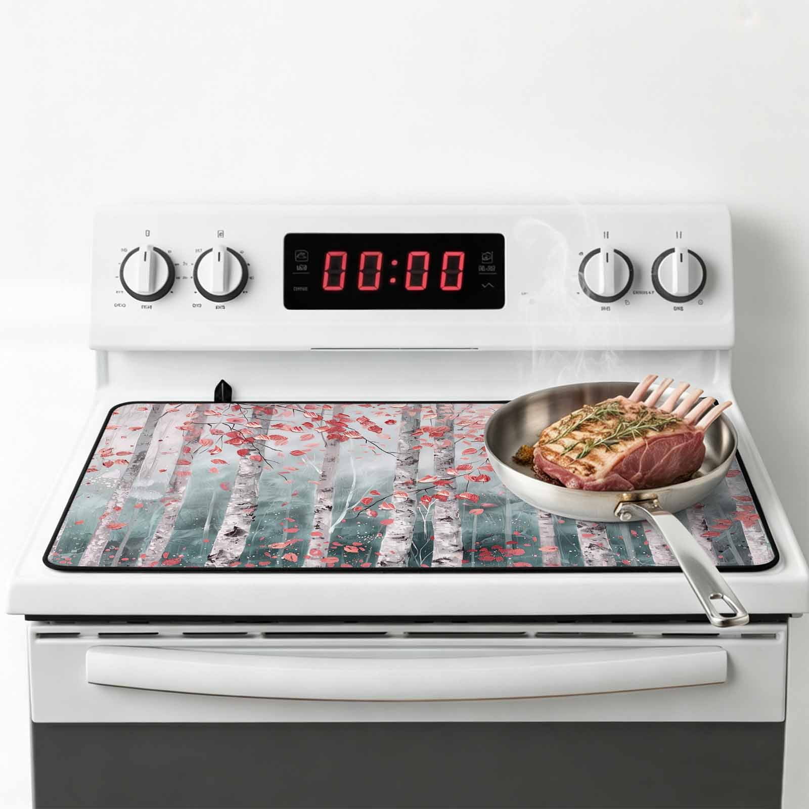 Pink Teal Forest Stove Top Cover for Electric Stove, Heat-proof & Non Slip Glass Top Stove Cover Protector, Modern Oil Painting Art Kitchen Flat Cooktop Rubber Mat 31x24 Inches