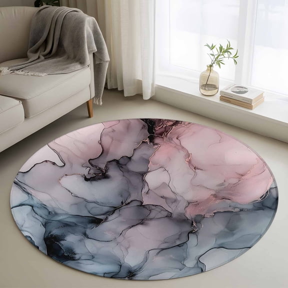 Pink Teal Marble Round Rug 4ft Washable Circle Entryway Rugs Non Slip Modern Abstract Art Area Rug Indoor Floor Carpet for Bedroom Kitchen Living Room Home Office Dining Room Nursery