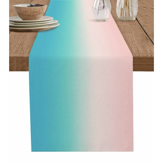 Pink Teal Ombre Burlap Cotton Table Runner 13x60 Inches Long, Modern Abstract Art Gradient Aesthetics Farmhouse Table Runners, Outdoor Dining Tablecloths Decor for Baby Shower/Party/Wedding