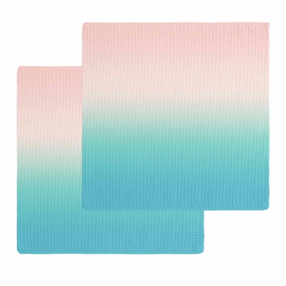 Pink Teal Ombre Dish Towels Set, Waffle Weave Kitchen Towels 2 Pieces, Modern Abstract Art Gradient Aesthetics Microfiber Hair Face Bath Tea Towel Absorbent Quick Drying Cleaning Dish Cloths 12"x12"