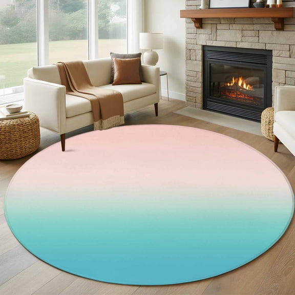 Pink Teal Ombre Round Area Rug 5 FT, Non Slip Bedroom Area Rug, Modern Abstract Art Gradient Aesthetics Washable Soft Circular Carpet Floor Mat for Kitchen Dining Room Foyer Balcony Dorm