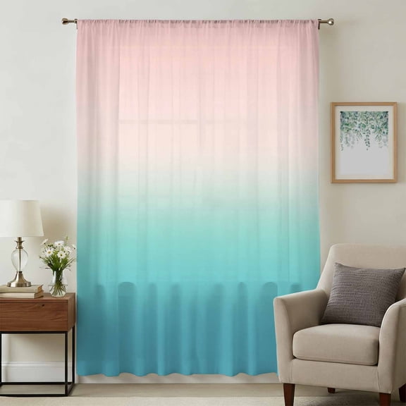 Pink Teal Ombre Sheer Curtains 72 Inches Long, Modern Abstract Art Gradient Aesthetics Light Filering Curtains, Breathable Simi Curtain Privacy Drapes for Living Room Bedroom Window Treatment
