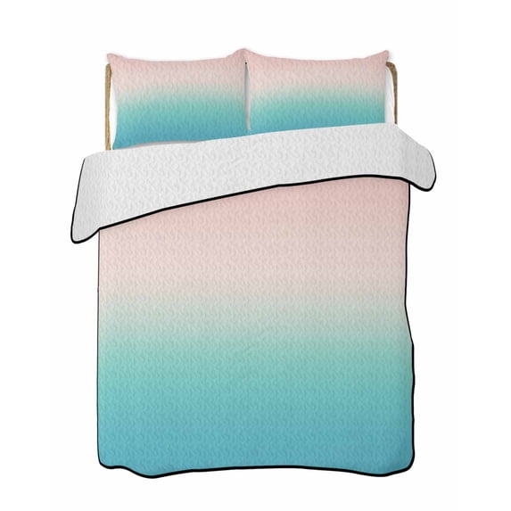 Pink Teal Ombre Summer Quilt Set Full Size,Soft Quilted Bedding Set with 2 Pillow Shams,Modern Abstract Art Gradient Aesthetics Lightweight All Season Bedspread Coverlet for Bedroom 78"x90"