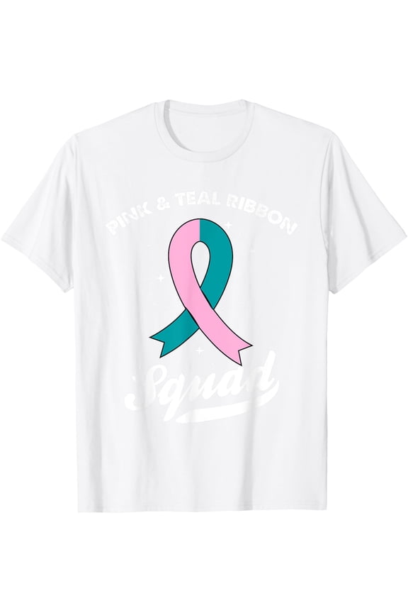 Pink & Teal Ribbon Squad Ovarian Breast Cancer Awareness T-Shirt