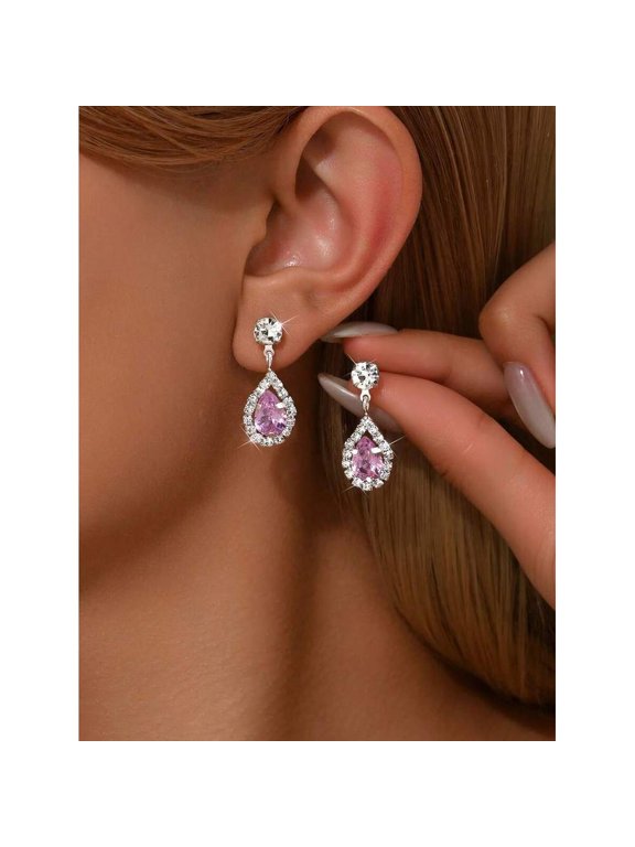 Pink Teardrop CZ Dangle Earrings With Silvertone Setting, 2-Pack