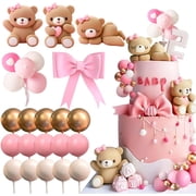Pink Teddy Bear Theme Cake Decoration Set - 3D Ornament Balloon Bow Combination Birthday Baking Decoration