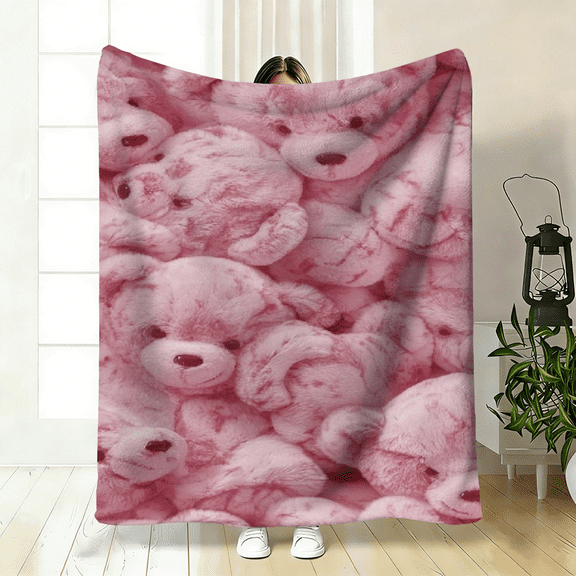 Pink Teddy Bear pattern Design Flannel Blanket, Perfect for Home Decor And Suitable for Travel, Camping, Living Rooms, Offices, Sofas, Chairs, And Beds.
