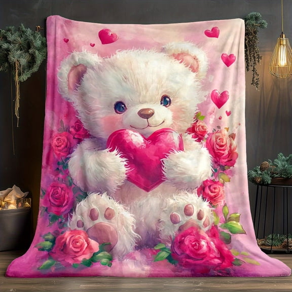 Pink Teddy Bear with Hearts Flannel Blanket - Soft & Warm, 280GSM, 30x40/50x60/60x80in - for Travel, Camping, Sofa, Bed - Cozy Gift & Home Decor