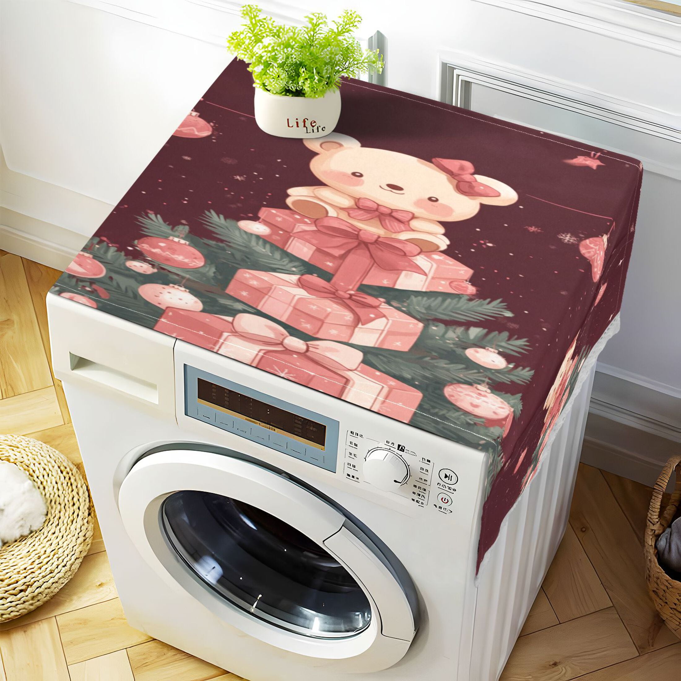 Pink Teddy BearWasher and Dryer Covers Dust-Proof and Oil Resistant Fridge Cover with 4 Storage Pockets Washing Machine Top Cover for Laundry Kitchen Home 51.2 x 22 In