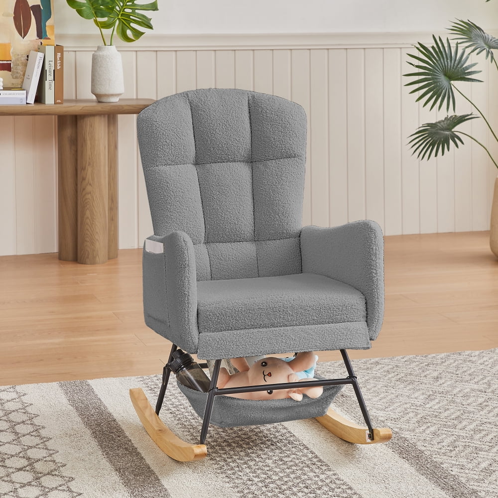 Pink Teddy Fleece Rocking Chair, Upholstered Nursery Glider with High Back, Metal & Wood Frame