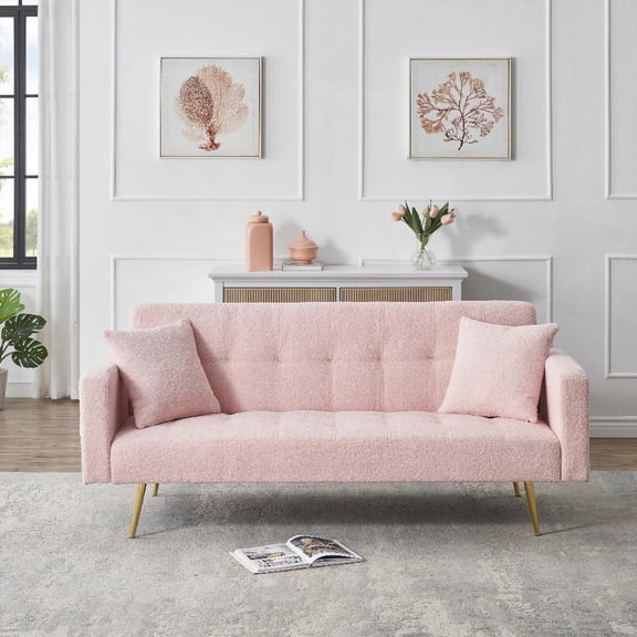 71.7 Inch Pink Sofa Bed: Solid Wood Frame, Metal Legs, 2 Throw Pillows Included