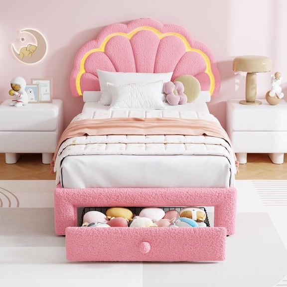 Pink Teddy Fleece Upholstered Kids Twin Bed, Shell Petal LED Light Headboard with Large Underbed Storage Drawer, Soft Fluffy Platform Bed Frame for Girls Bedroom