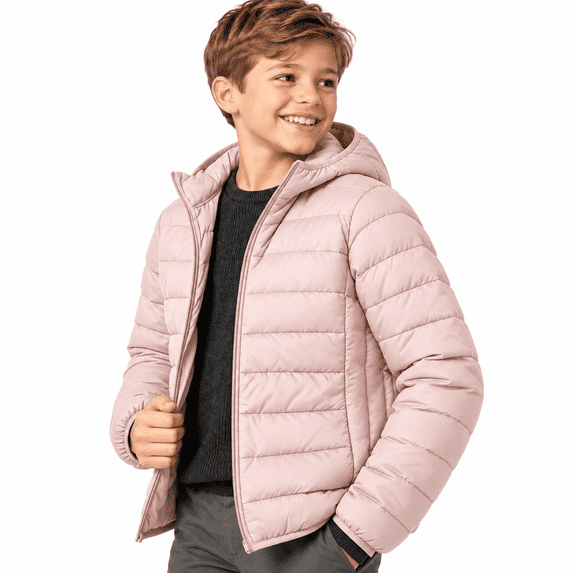 Pink Teen Boys Lightweight Padded Jacket Size 16-17 Years, Hooded Full-Zip Winter Warm Coat with Side Pockets for Casual Layering and Outerwear Clothes
