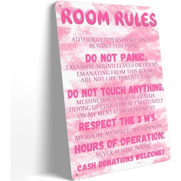 Pink Teen Girl Bedroom Wall Decor Room Rules Metal Tin Sign Aesthetic Door Decorations For Hom Bedroom Garage Cave Office Bar Wall Decor 6x8inch