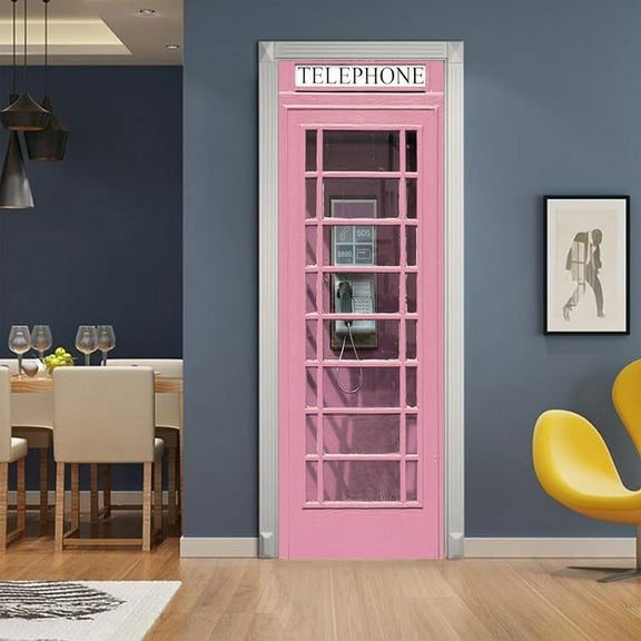Pink Telephone Booth Door Sticker Removable Cute Kawaii Door Wallpaper Murals Peel and Stick for Girls Bedroom Decor Aesthetic