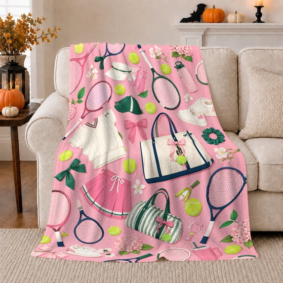 Pink Tennis Style Flannel Blanket, Pink Green Navy Racket Ball Tote Visor Sneaker Bow Pattern for Sofa Couch Bed Living Room Bedroom Home Decor Birthday Gift for Tennis Fans