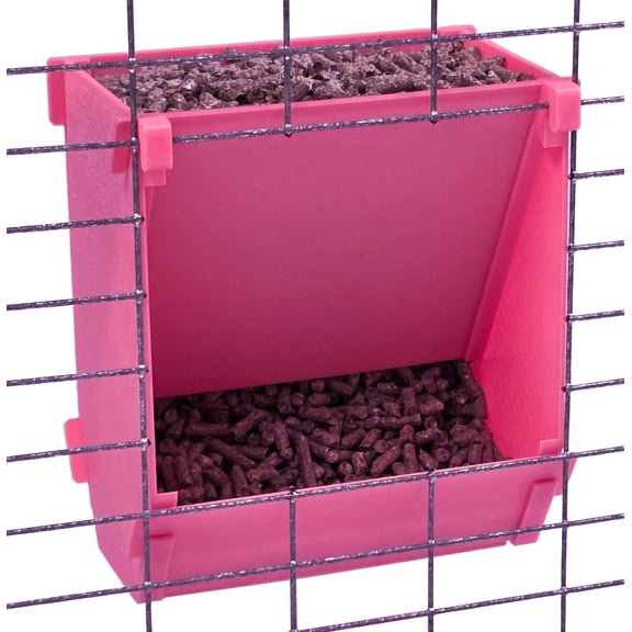 Pink Texas USA Made 6-Inch Cage Hanging Rabbit Feeder with ID Tag for Rabbit Pellet Feed with a Sifter Base