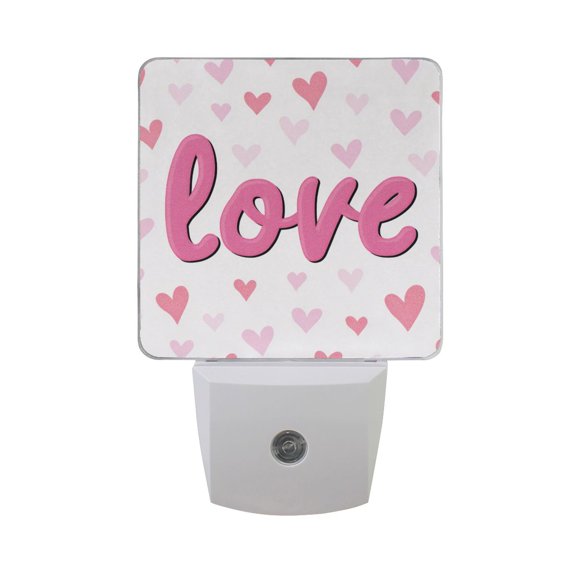 Pink Text Love Hearts Valentine LED Night Light Sensor Lamp Plug-in Adjustable Brightness 2 Pack