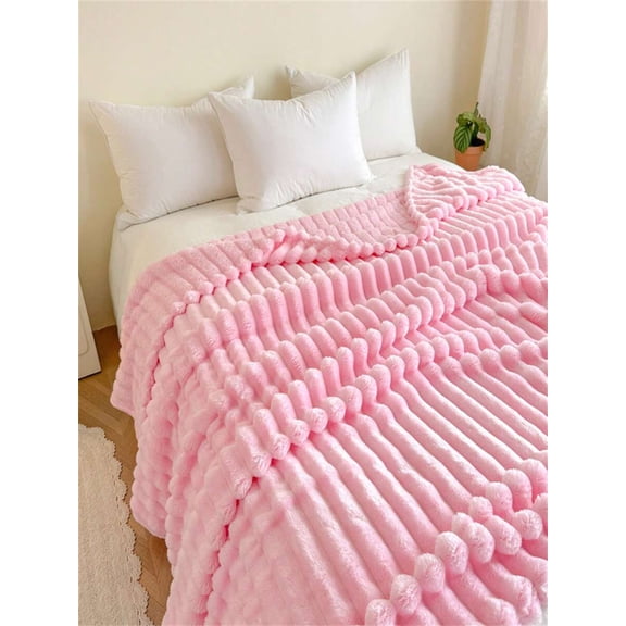 Pink Textured Chenille Fleece Throw Blanket, Ultra Soft Cozy Bed or Sofa Cover, Machine Washable, Modern Home Decor