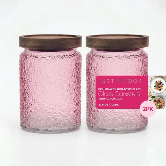 Just Cook Pink Textured Glass Canister Storage Containers with Acacia Lids, 700 ml, 2 Pack