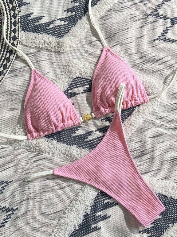 Pink Textured Triangle Bikini Set With Gold-Tone Shell Embellishment And Adjustable Straps