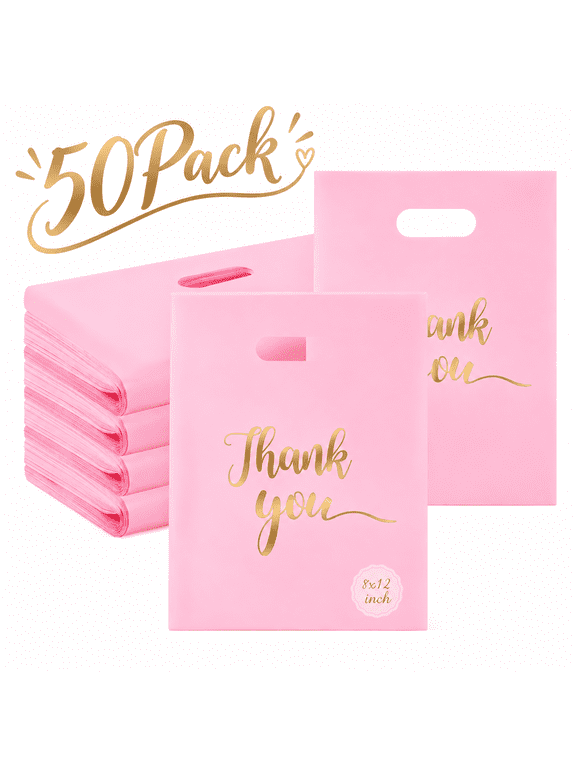 Pink Thank You Bags 50 Pieces, 8 x 12 inch GIXUSIL Shopping Bags with Handles, Thick Retail Bags for Small Business Bulk, Merchandise Bags for Boutique, Gift