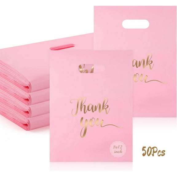 Pink Thank You Bags 50 Pieces, 8 x 12 inch GIXUSIL Shopping Bags with Handles, Thick Retail Bags for Small Business Bulk, Merchandise Bags for Boutique, Gift