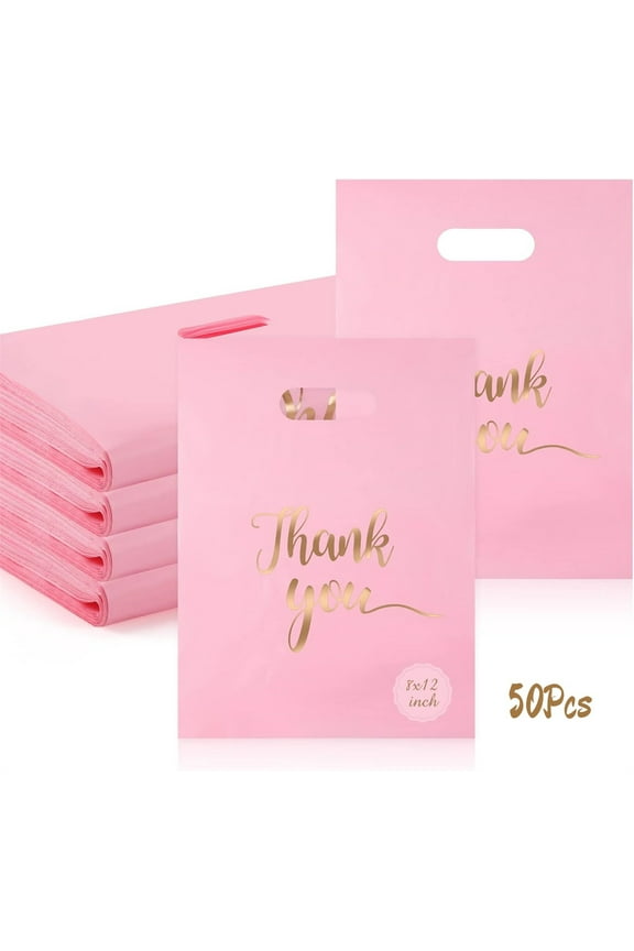 Pink Thank You Bags 50 Pieces, 8 x 12 inch GIXUSIL Shopping Bags with Handles, Thick Retail Bags for Small Business Bulk, Merchandise Bags for Boutique, Gift