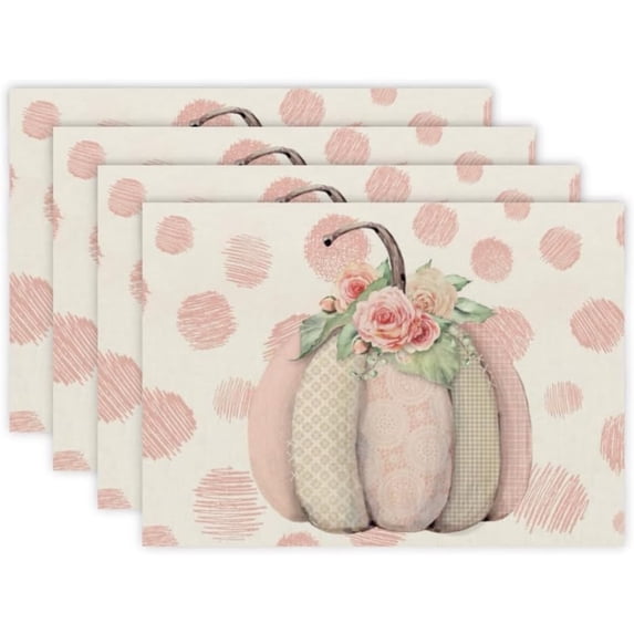 Pink Thanksgiving Day Placemats Set of 4, 12x18 Inch Thankful Harvest Pink Pumpkins Floral Decoration Autumn Farmhouse Polka Dot Kitchen Dining Table Mats for Indoor Outdoor Home Party Decor