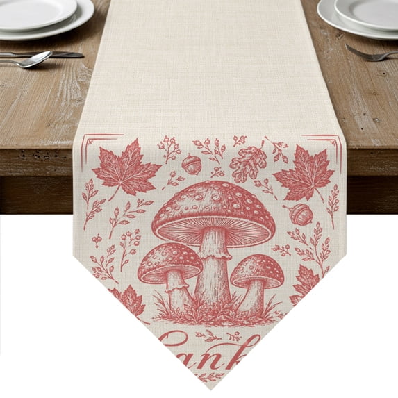 Pink Thanksgiving Table Runner Linen Burlap Table Runner 36 Inches Small Fall Mushroom Maple Leaves Plants Dresser Scarves for Kitchen Island Coffee Dining Room Party Holiday Decoration 13"x36"