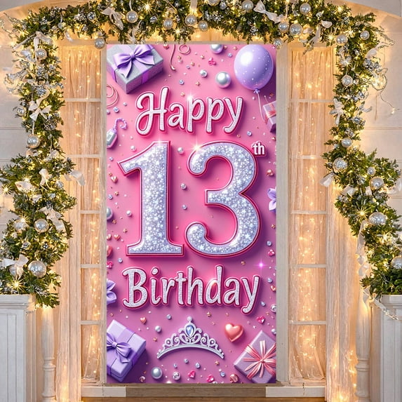 Pink Theme 13th Birthday Banner Glitter Style Display Princess Crown Heart Shape Glitter Celebration Backdrop for 13th Birthday Party Teenage Celebration Princess Party
