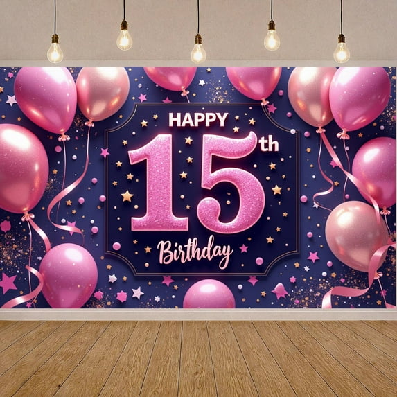 Pink Theme 15th Birthday Banner Glitter Design Sweet 15 Display Gold Stars Pink Balloons 15th Celebration Background for 15th Birthday Party Quinceanera Event Teen Girl Celebration