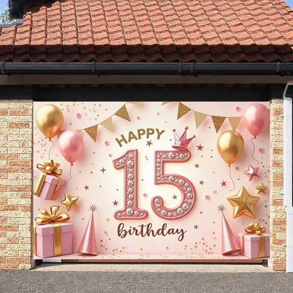 Pink Theme 15th Birthday Banner Gold Accent Sweet 15 Display Rhinestone Decor Star Pattern Quinceanera Backdrop for Sweet 15 Party Quinceanera Celebration Teen Birthday