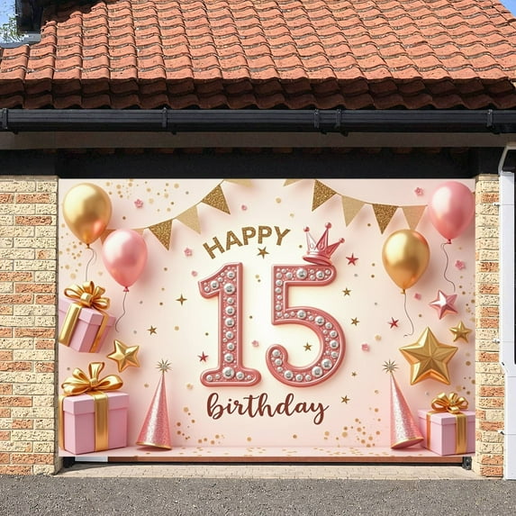 Pink Theme 15th Birthday Banner Gold Accent Sweet 15 Display Rhinestone Decor Star Pattern Quinceanera Backdrop for Sweet 15 Party Quinceanera Celebration Teen Birthday
