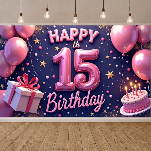 Pink Theme 15th Birthday Banner Gold Stars Sweet 15 Display Pink Balloons Gift Box Happy 15 Backdrop for 15th Birthday Party Teenage Party Birthday Celebration