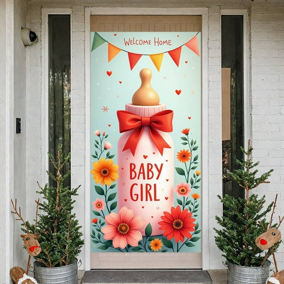 Pink Theme Baby Girl Banner Floral Design Welcome Home Display Red Bow Heart Pattern Newborn Backdrop for Baby Girl Welcome Newborn Party Baby Shower